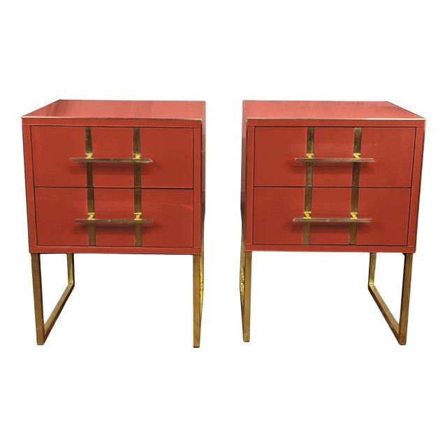 Terracotta Coloured Murano Glass Bedside Tables with Brass and Velvet Interior from Justfurnituress SRL, Set of 2 For Sale