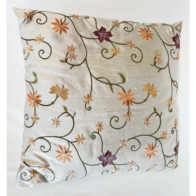 Contemporary Brown and Beige Floral Embroidered Cushion, Hand-Crafted Fabric, India For Sale - Image 3 of 10