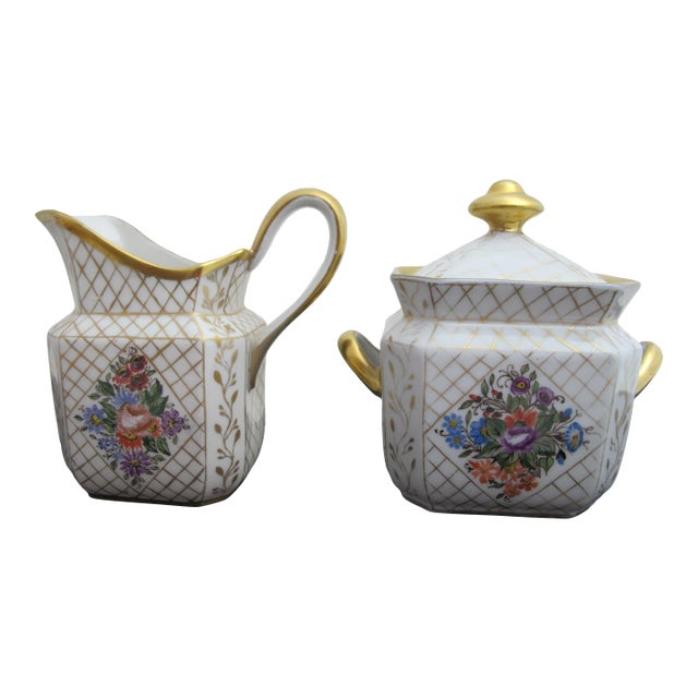 Vintage Flower & Basket Weave Gilt Porcelain Creamer Pitcher & Sugar Bowl W/Lid For Sale