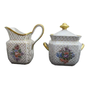Vintage Flower & Basket Weave Gilt Porcelain Creamer Pitcher & Sugar Bowl W/Lid