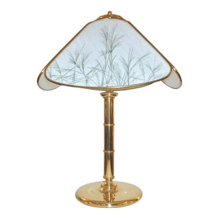 Poliarte 1960s Italian Feather Reed Grass & Bamboo Decor White Glass Brass Lamp For Sale