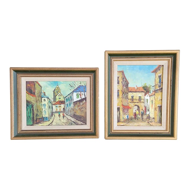 European Street Scene Street Paintings - A Pair For Sale