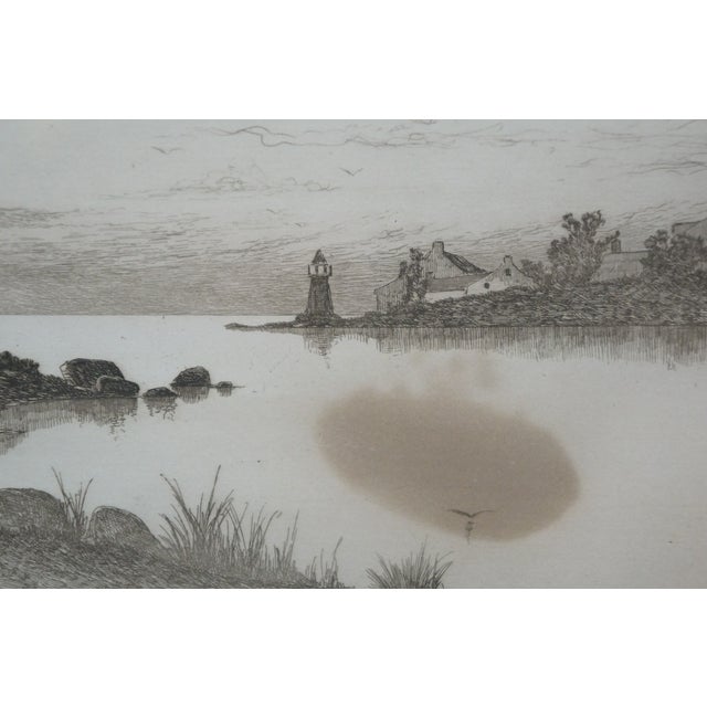 Antique Ernest C Rost Signed Riverscape Landscape Lighthouse Etching 34" For Sale - Image 4 of 13