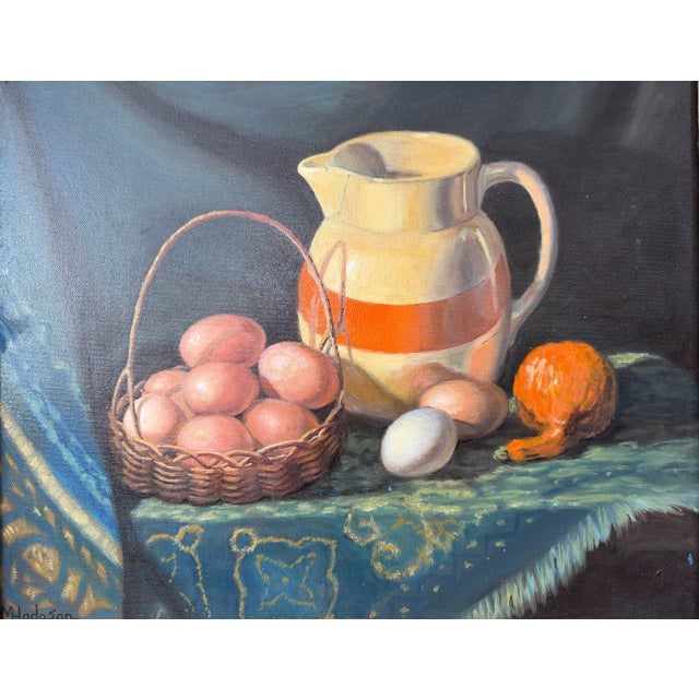 1980s 1980s Still Life Oil on Canvas Painting – “Pitcher With Orange Band" Signed M. Hogdson For Sale - Image 5 of 5
