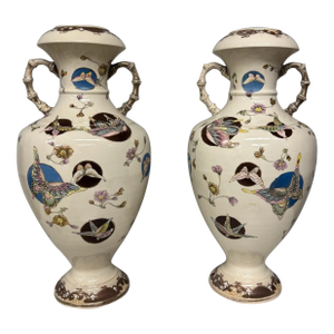 Pair of Early 20th Century Aesthetic Victorian Floral & Butterfly Decorated Porcelain Vases