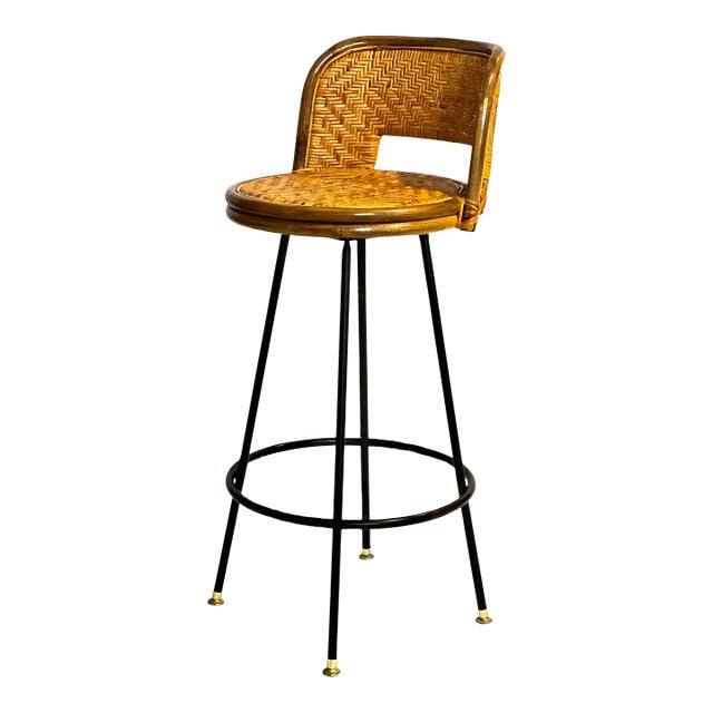 Vintage Mid 20th Century Bamboo and Rattan Swivel Bar Stool For Sale