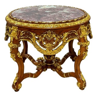 Louis XV Round Dining Table With Marble Top, Hand-Carved Hardwood, Gold Leaf & Bronze Accents For Sale