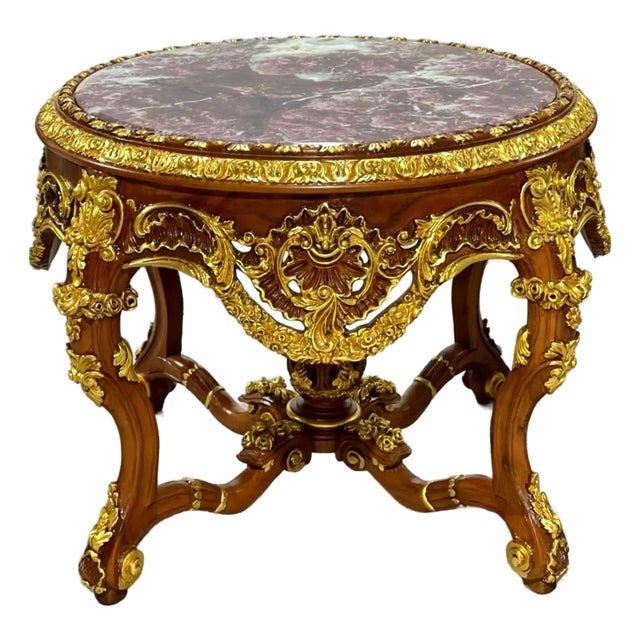 Louis XV Round Dining Table With Marble Top, Hand-Carved Hardwood, Gold Leaf & Bronze Accents For Sale