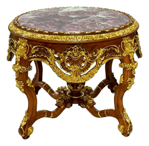 Louis XV Round Dining Table With Marble Top, Hand-Carved Hardwood, Gold Leaf & Bronze Accents