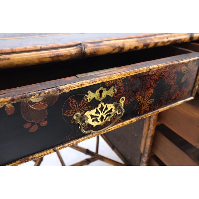 Antique Asian Oriental japaneese Burned Bamboo Hand Painted Decorated Desk Table For Sale - Image 13 of 18