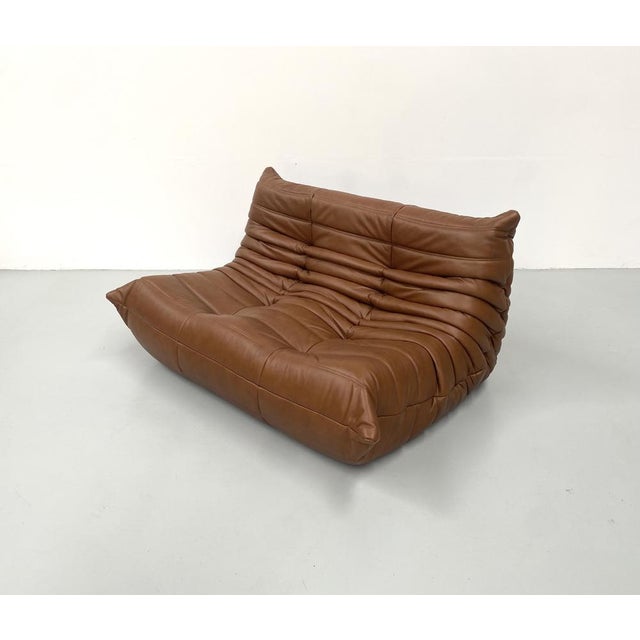 Textile French Togo 2-Seater Sofa in Cognac Leather attributed to Michel Ducaroy for Ligne Roset, 1970s For Sale - Image 7 of 11
