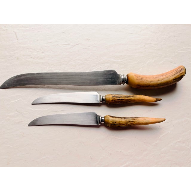 Sheffield Vintage Midcentury Sheffield England Stag Handle 2 Steak Knives , 1 Carving Knife For Sale - Image 4 of 4