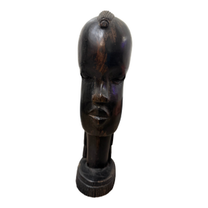 1960s Hand‑Carved Ebony Wood Bust on Ribbed Pedestal Base
