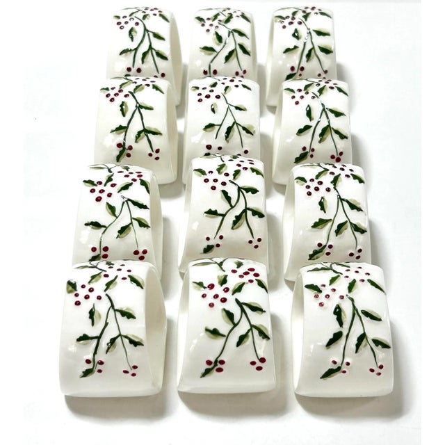 Vintage Holly & Berry Ceramic Napkin Rings – Christmas Tabletop Decor, Set of 12 For Sale - Image 4 of 10