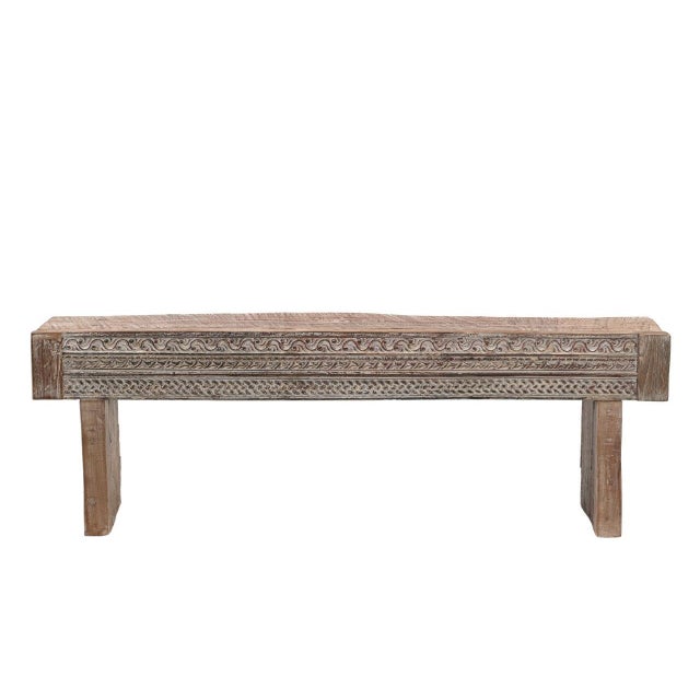 Farmhouse Indian Carved Front Rustic Teakwood Bench For Sale - Image 3 of 4