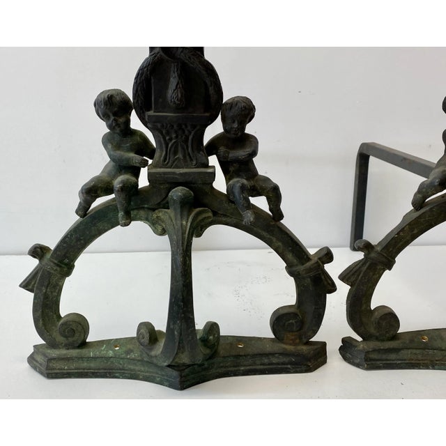 Mid 19th Century Cast Iron Figural Nude, Cherub and Lions Head Andirons Outstanding cast iron andirons with 20th century...