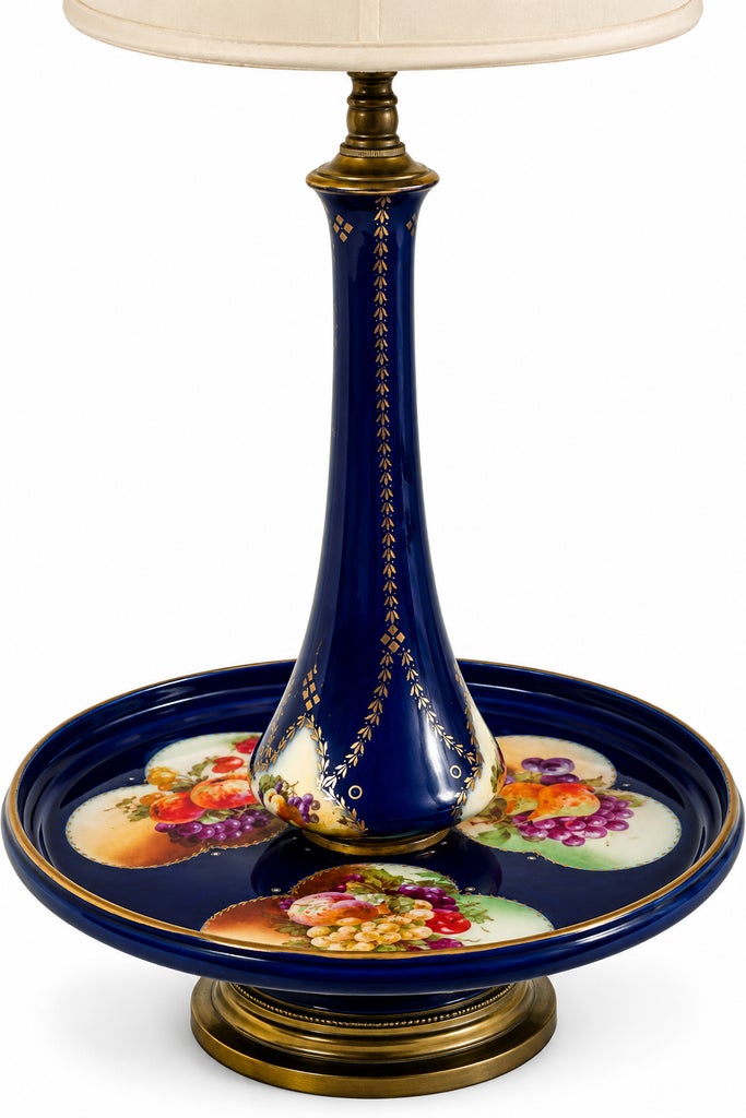 Dresden Style Vintage Cobalt Blue Porcelain Tray Table Lamp With Hand-Painted Fruit & Brass Accents — view 6