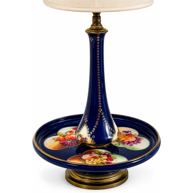 Dresden Style Vintage Cobalt Blue Porcelain Tray Table Lamp With Hand-Painted Fruit & Brass Accents For Sale In Tampa - Image 6 of 6