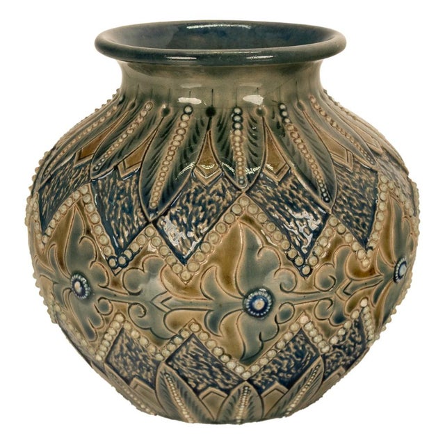 Traditional Antique Aesthetic Movement Doulton Lambeth Stoneware Vase Elizabeth Atkins 1883 For Sale - Image 3 of 13