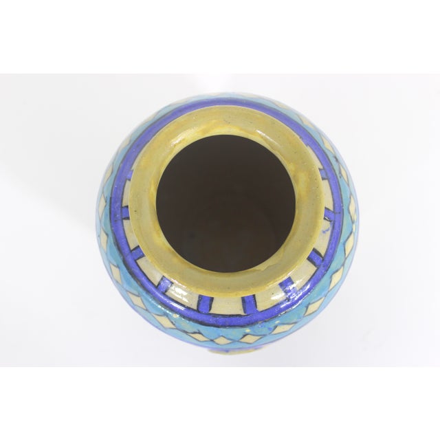 Vintage Primitive Clay Vase With Raised Ram Motif Blue and Turquoise For Sale - Image 4 of 11