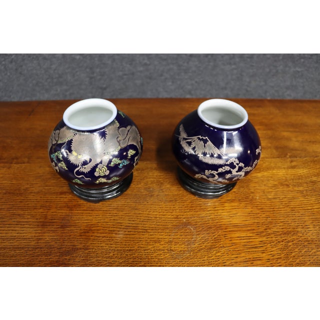 Pair of Japanese Cobalt Blue Porcelain Vases With Copper Overlay For Sale - Image 11 of 12