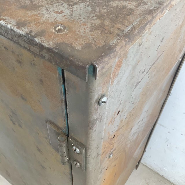 Vintage Industrial Metal Cabinet With Shelves and Weathered Patina For Sale - Image 16 of 17