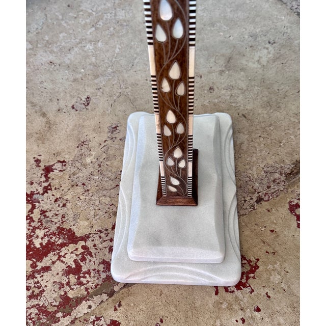 White Vintage Damascus Mother-of-Pearl Inlay Pedestal Side Table With Natural Marble Base For Sale - Image 8 of 9