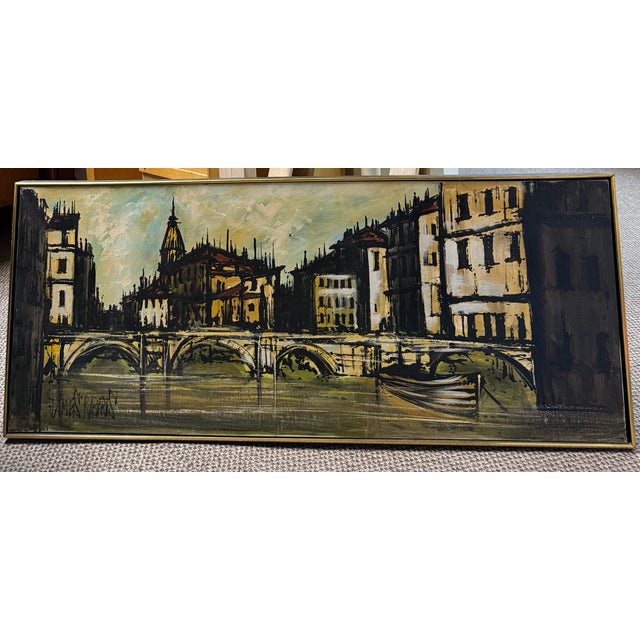 Vintage Mid-Century Modern Cityscape Oil Painting by James Roberts. A beautiful, authentic mid-century modern oil painting...