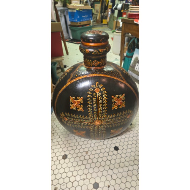 Vintage Hand-Painted Blackware Pottery Bottle Vase With Floral Folk Art Motif For Sale - Image 17 of 18