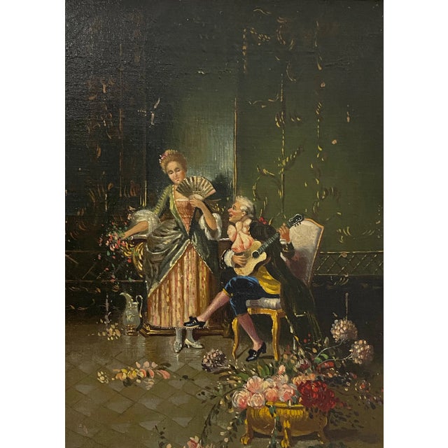 Classic Italian Romance Oil Painting Signed Castiglione Circa 1940s to 1950s The painting depicts a young man romancing a...