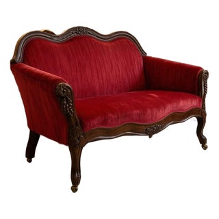 Mid 20th Century The Chateau Salon: Custom French Louis XV Rococo Revival Crimson Velvet Settee For Sale