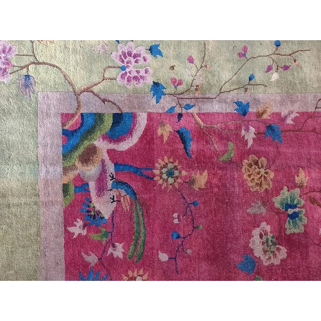 1920s Raspberry Pink Open Field Floral Antique Chinese Art Deco Carpet Wool Rug For Sale In New York - Image 6 of 12