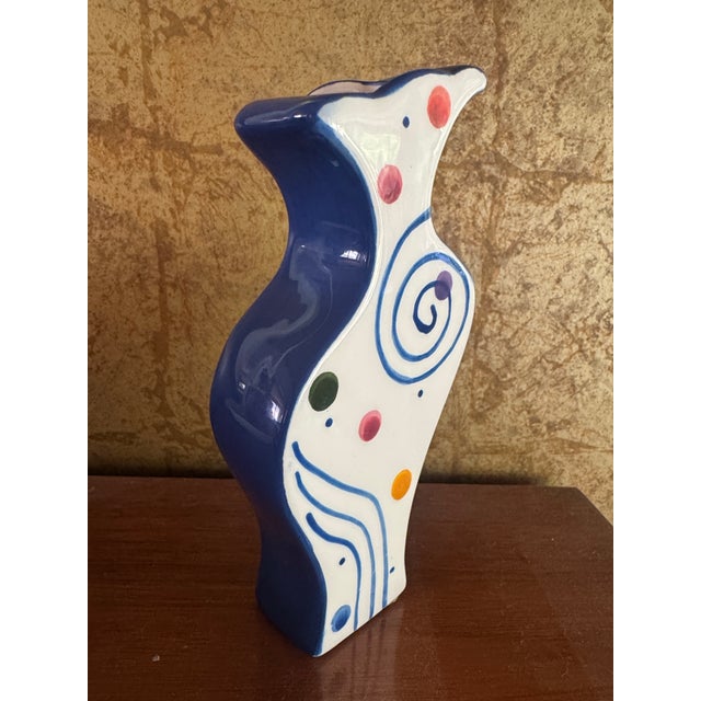 Postmodern 1990s Ceramic Art Vase With Swirl and Dot Pattern and Blue Sides For Sale - Image 3 of 10