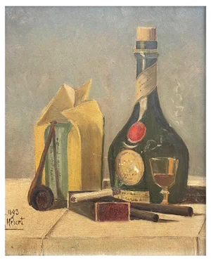 Henri Hébert, Smoking a Pipe and Drinking Wine, 1893, Oil on Cardboard