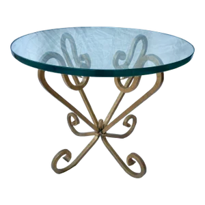 Vintage Gilded Gold Wrought Iron Glass Top Side Table