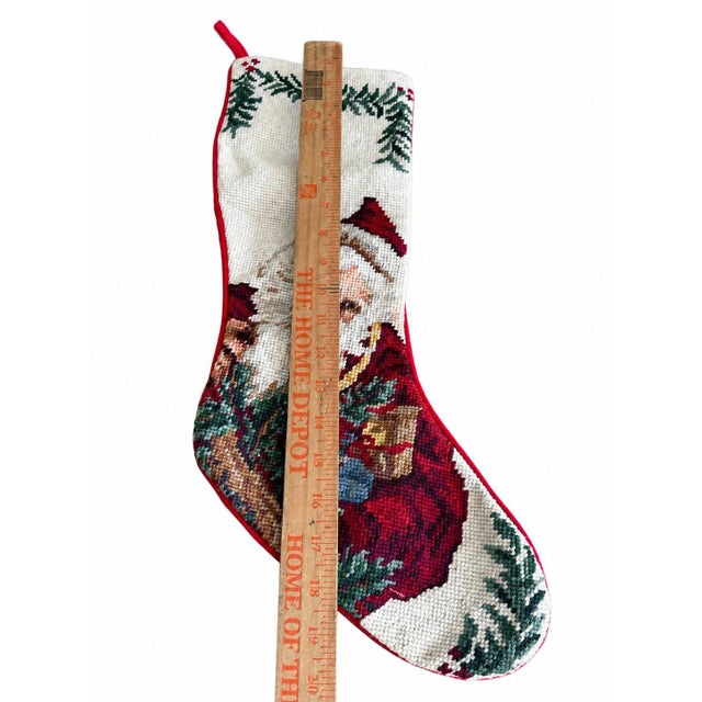 Traditional Vintage Handmade Needlepoint Christmas Stocking Santa Claus Red Velvet 20" For Sale - Image 3 of 4
