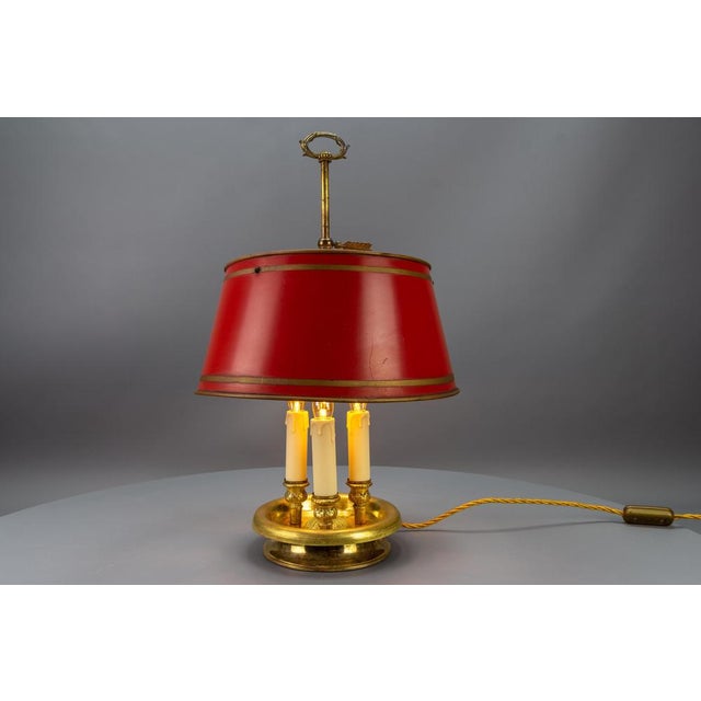 French Brass and Red Tole Shade Three-Light Bouillotte Desk Lamp, 1950s For Sale - Image 4 of 18