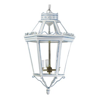 A Vintage-Style Venetian Chandelier in White and Blue Tones, Featuring Three Lamps. For Sale