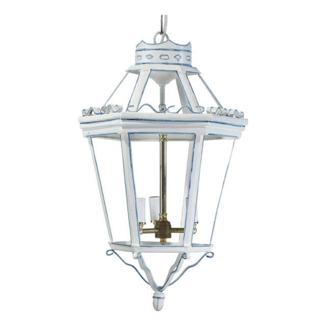 A Vintage-Style Venetian Chandelier in White and Blue Tones, Featuring Three Lamps. For Sale