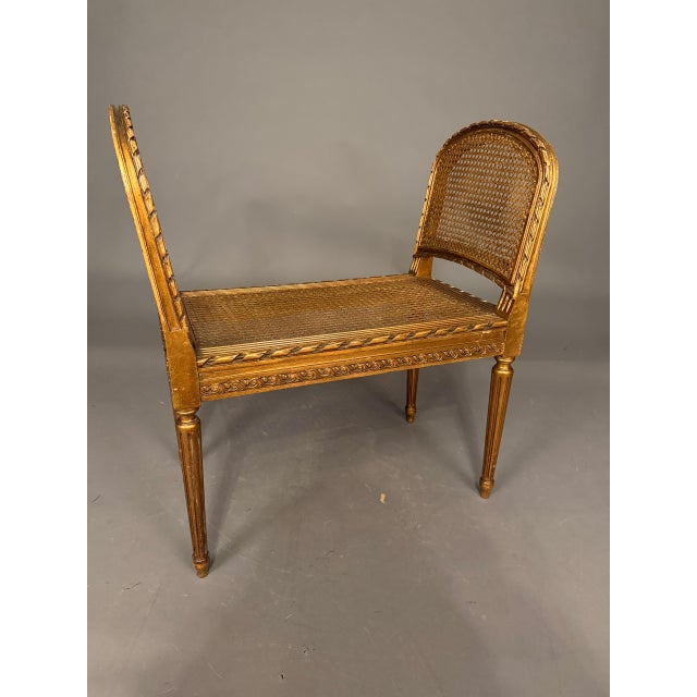 19th Century French Louis XVI Style Gilded Bench With Cane Seat and Side Armrests, Circa 1890 For Sale - Image 9 of 10