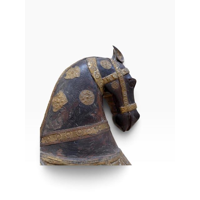 Grand 38" Vintage Rajasthani Hand-Carved Wooden Horse With Hammered Brass & Copper Cladding For Sale - Image 9 of 11
