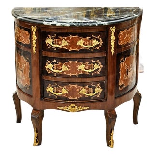 French Louis XV Bombe Chest With Marble Top, Three Drawers & Gold Leaf Bronze Mounts For Sale