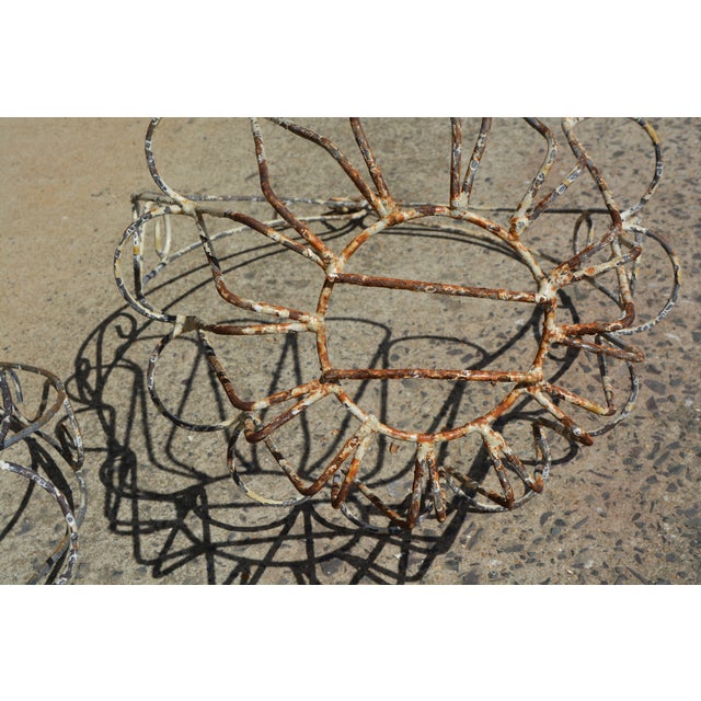 1980s Shabby Pair of Round Iron Wire Hanging Planters Baskets W/Chippy White Paint For Sale - Image 13 of 13