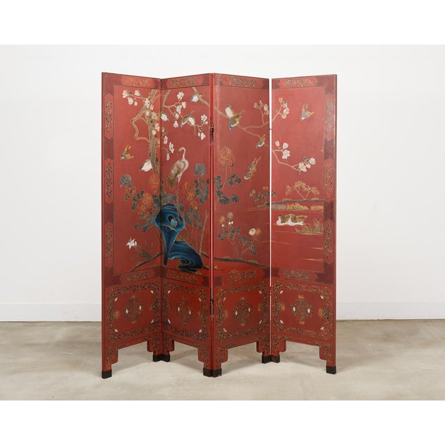 Chinoiserie Chinese Export Four Panel Red Lacquered Chinoiserie Gilt Screen For Sale - Image 3 of 18