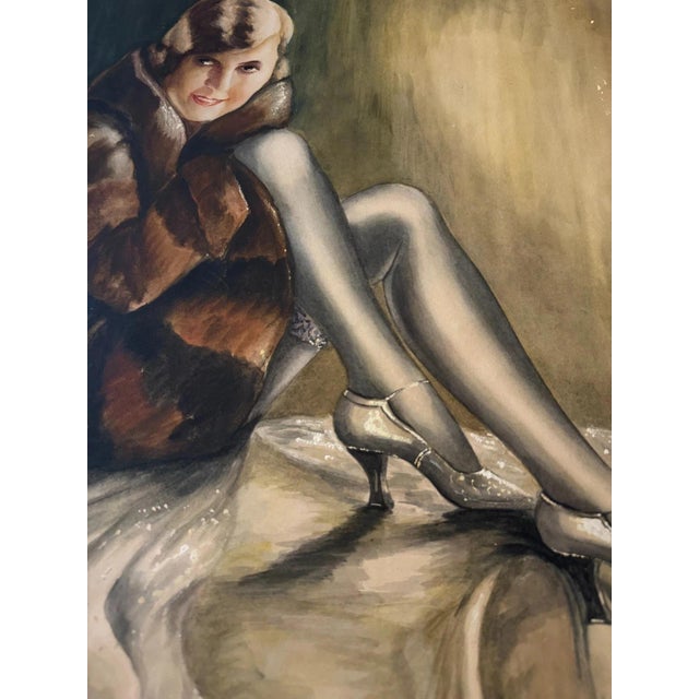 Beige Carl H. Berberich, Lady on Cushion, Verso Lady in Fur Coat, Nude, 1926, Gouache For Sale - Image 8 of 13