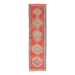 Oushak Vintage Turkish Runner With Geometric Medallion Design With Orangey-Red 3'0 X 11'9