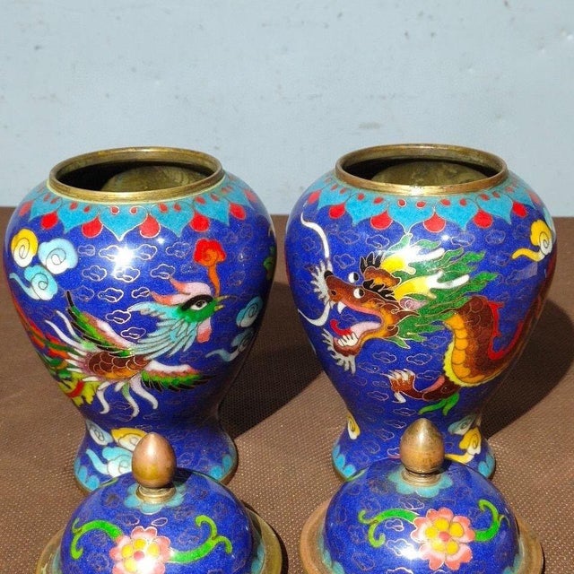 Metal Vintage Pair of Chinese Blue Cloisonné Enamel "Dragon & Phoenix" Covered Jars With "Xuan" Mark For Sale - Image 7 of 9