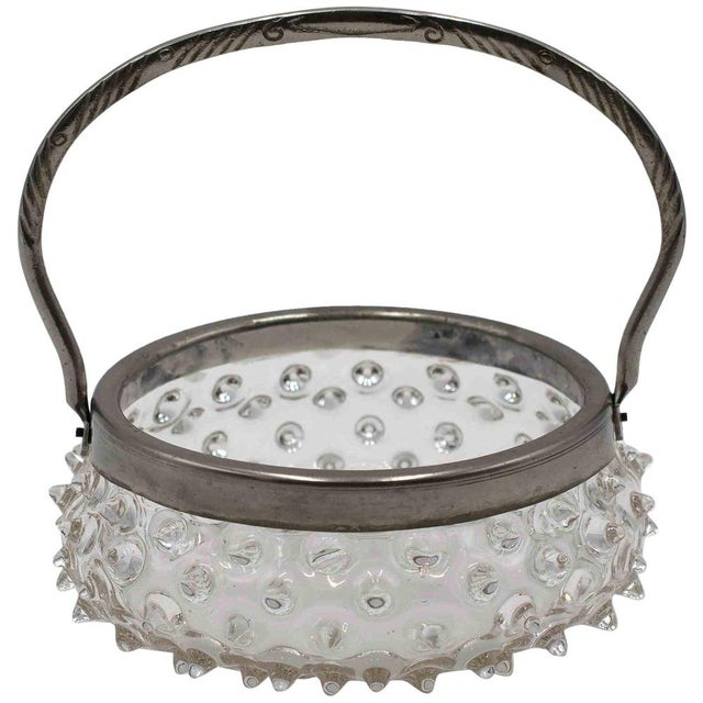Murano Glass Basket with Silver-Toned Frame & Hobnail Design, Italy For Sale - Image 5 of 5