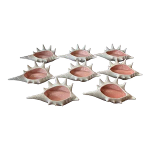 Set of 8 1960s Ceramic Conch Shell Pink White Seashell Bowls Vessels Palm Beach
