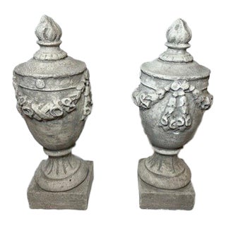Neoclassical Cast Concrete Urns With Garland Detailing For Sale